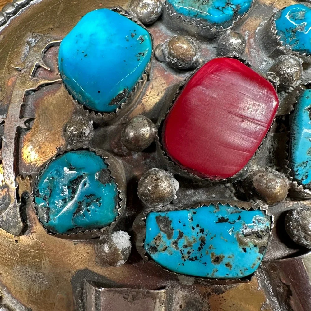 Vintage OE Native American Style Turquoise Red Coral Mixed Metal Belt Buckle